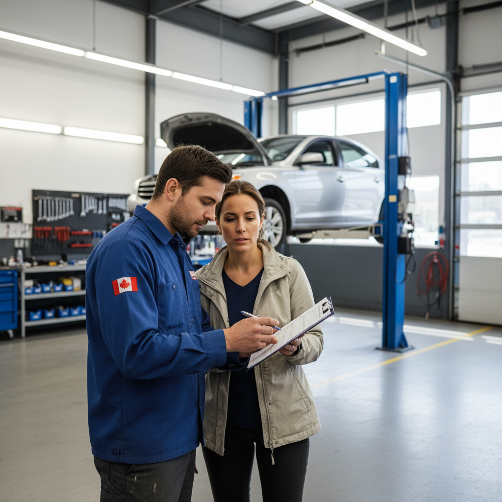 Mechanic reviewing a repair estimate with a customer in a Canadian auto repair shop