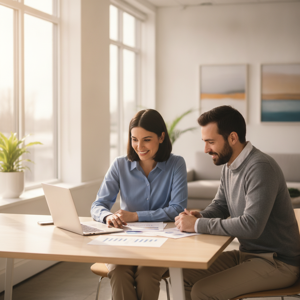 Financing advisor and client reviewing a car loan broker application together at a bright office desk in Canada