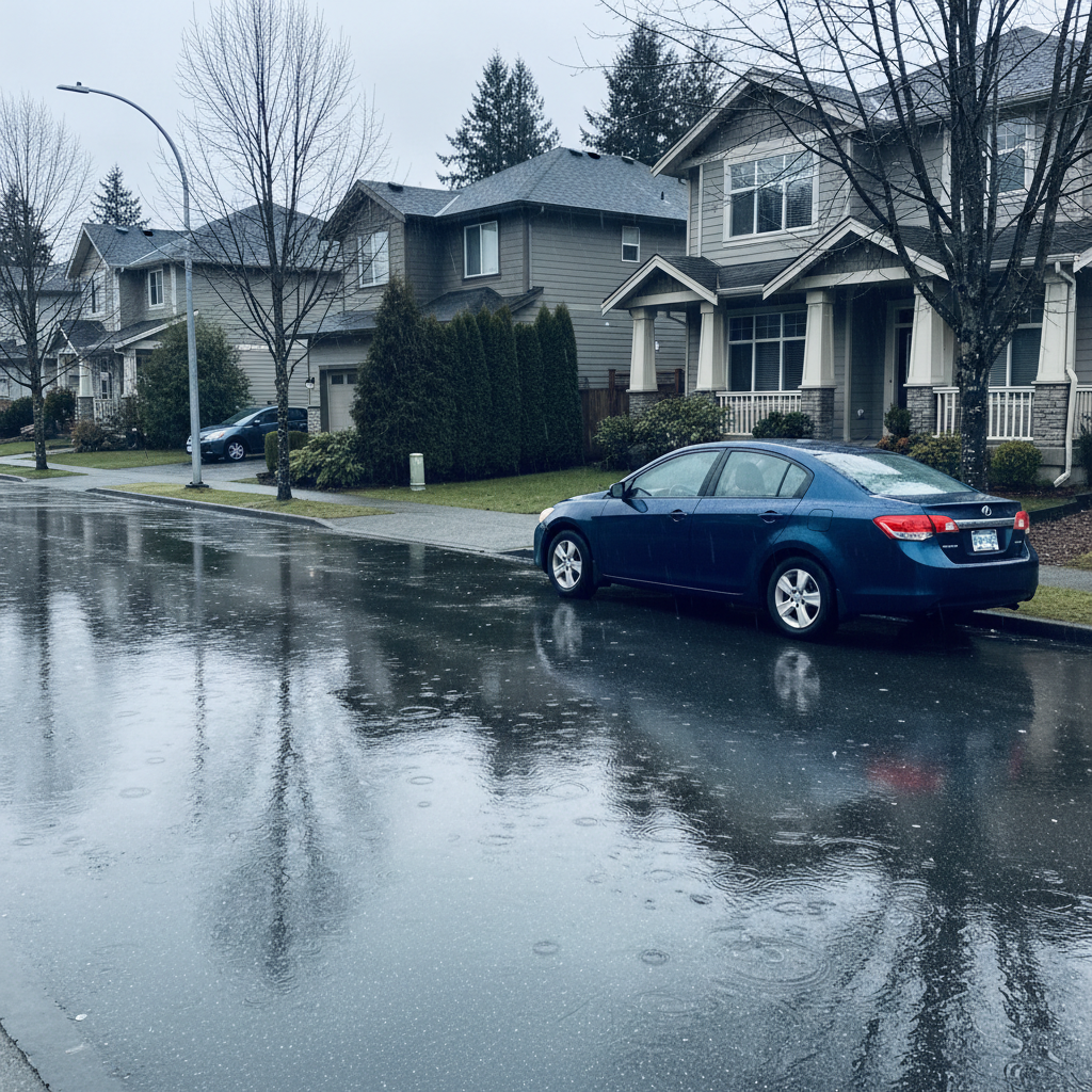 Practical sedan parked on a rainy Richmond BC suburban street under overcast Pacific Northwest light