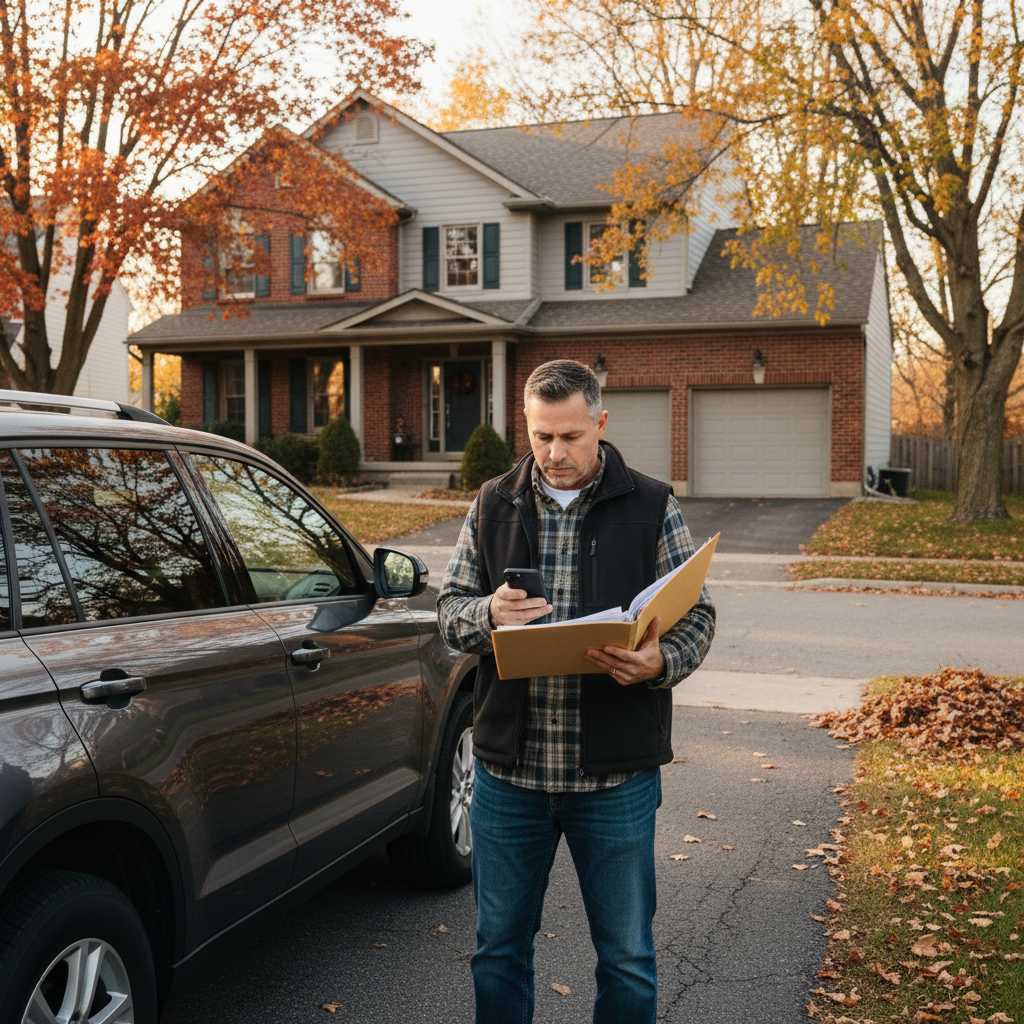 Canadian driver reviewing loan paperwork beside their paid-off SUV in a suburban driveway