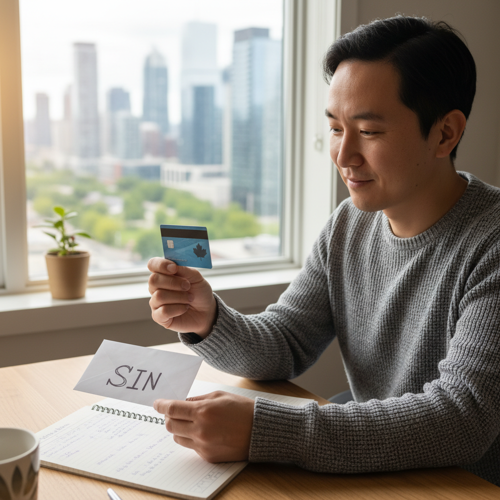 Newcomer at a Canadian apartment desk reviewing bank and ID documents with a city view outside