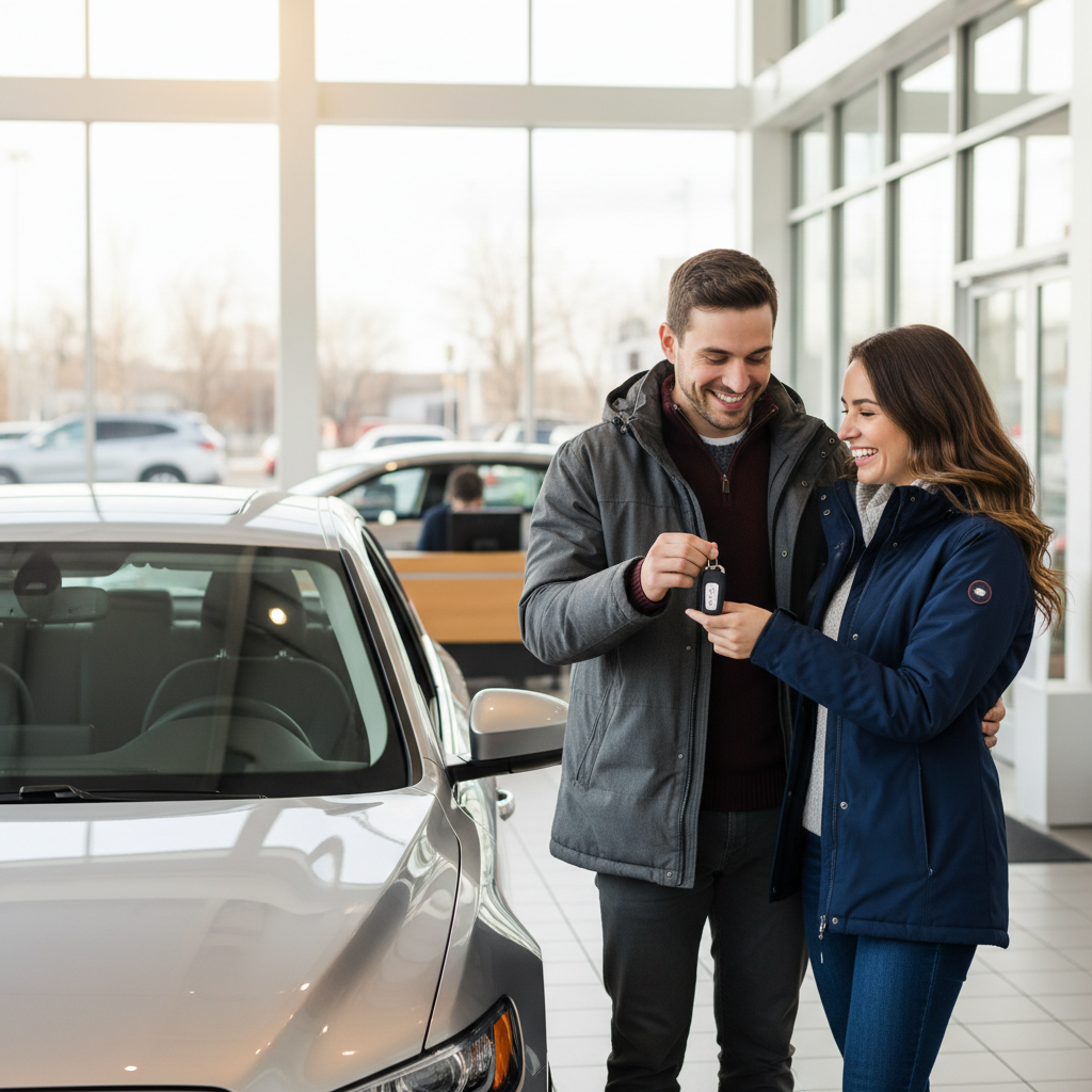 Smiling couple receiving car keys from a salesperson at a Canadian dealership showroom