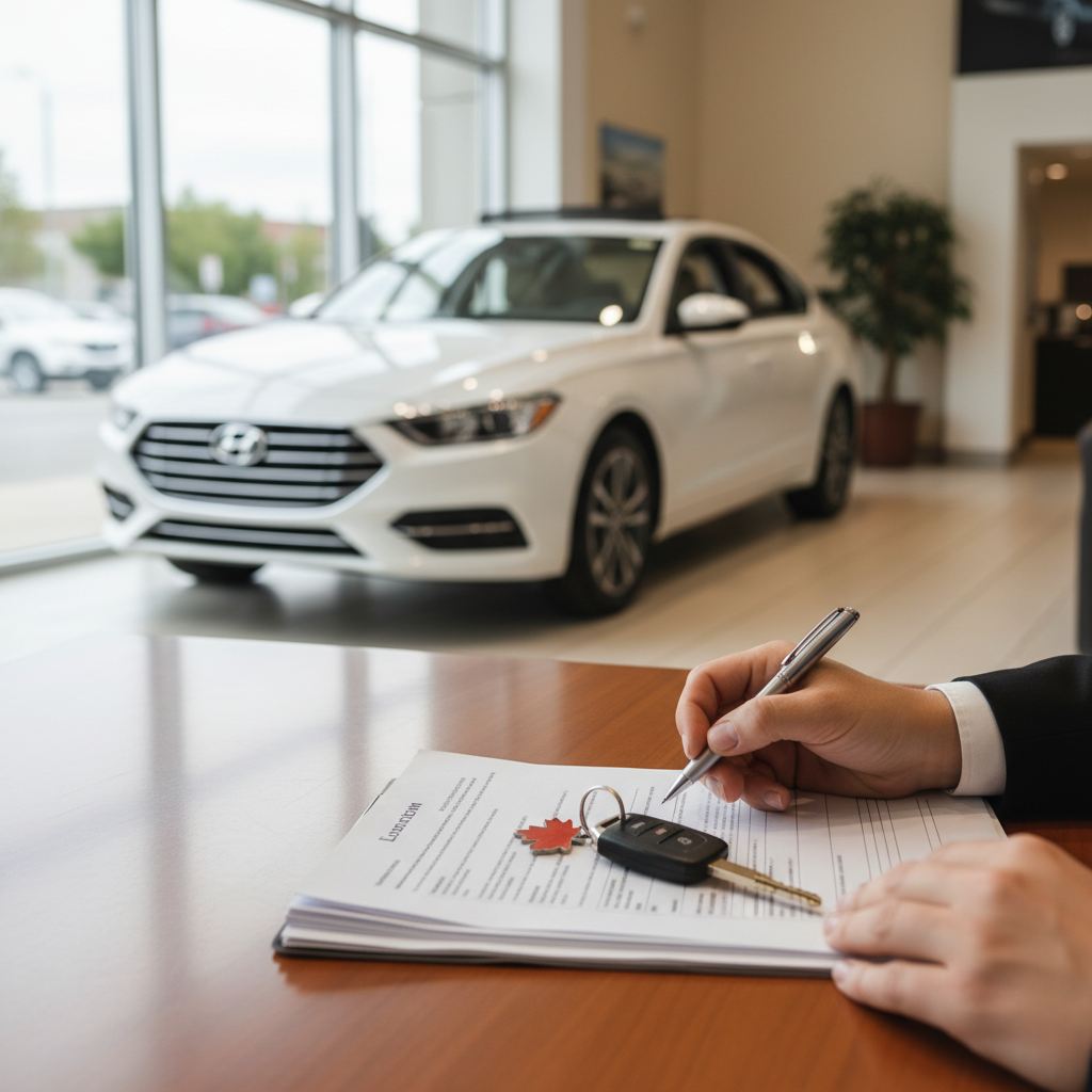 Customer signing car loan paperwork with car keys on the desk in a dealership finance office