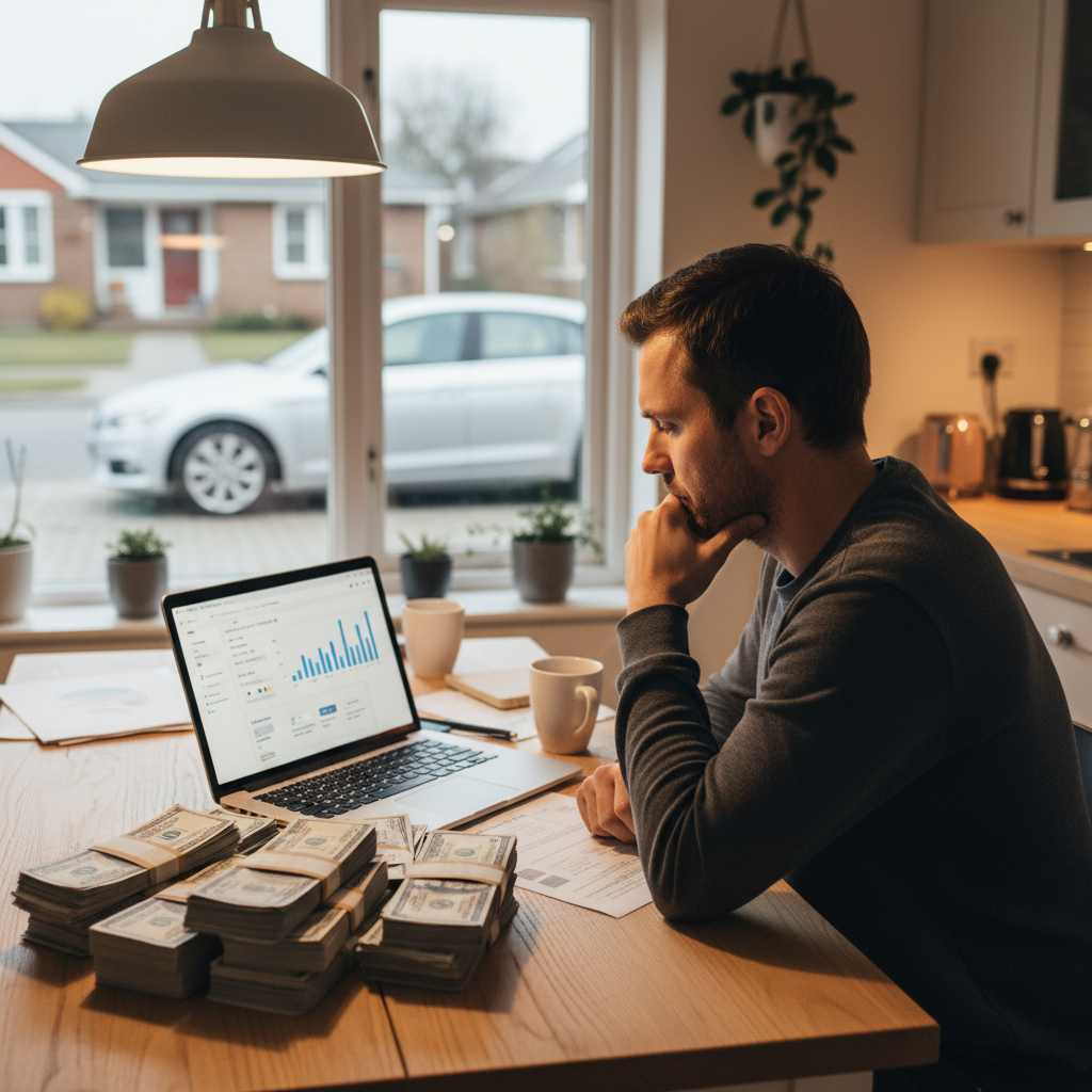 Person at a kitchen table comparing cash savings against a car financing offer on a laptop