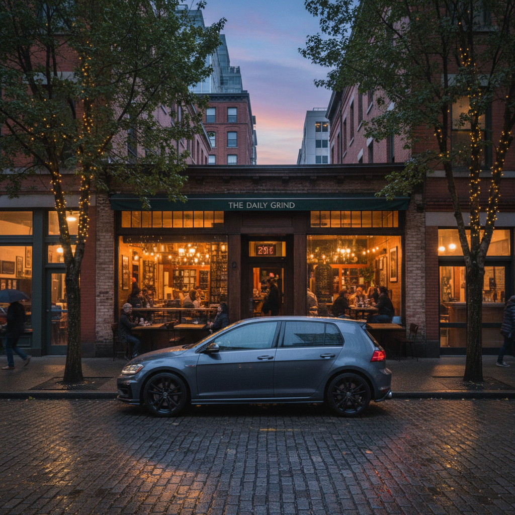 Small hatchback parked outside a cafe in Vancouver at dusk
