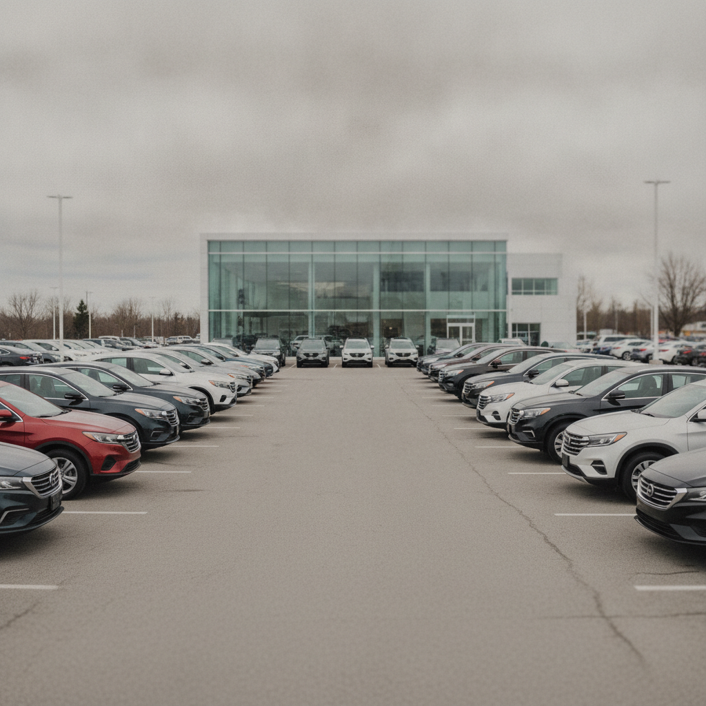 Cars parked in neat rows on a Canadian dealership lot under soft overcast light