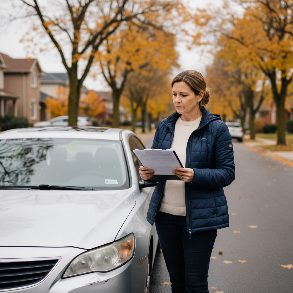Woman reviewing an insurance and loan document beside her car with minor front-end damage on a Canadian street