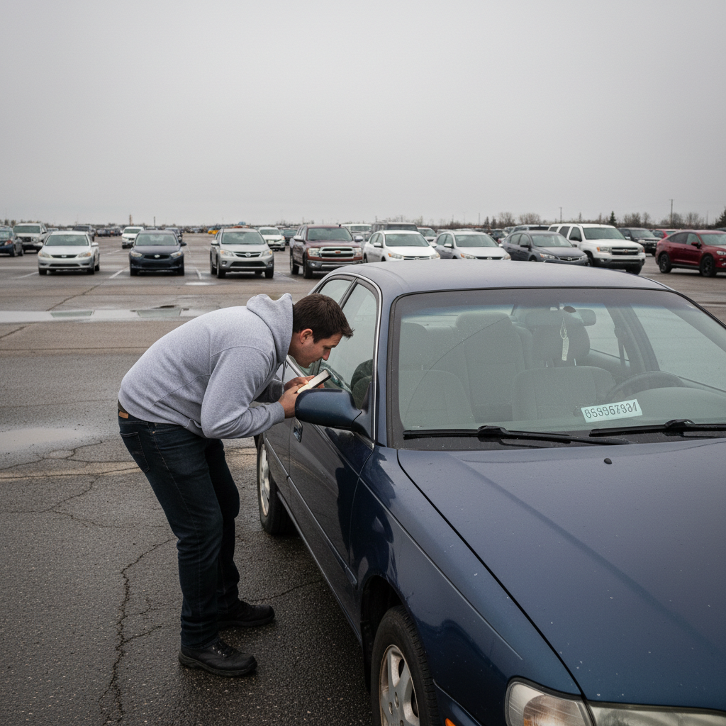 Buyer checking a used car's VIN plate before financing