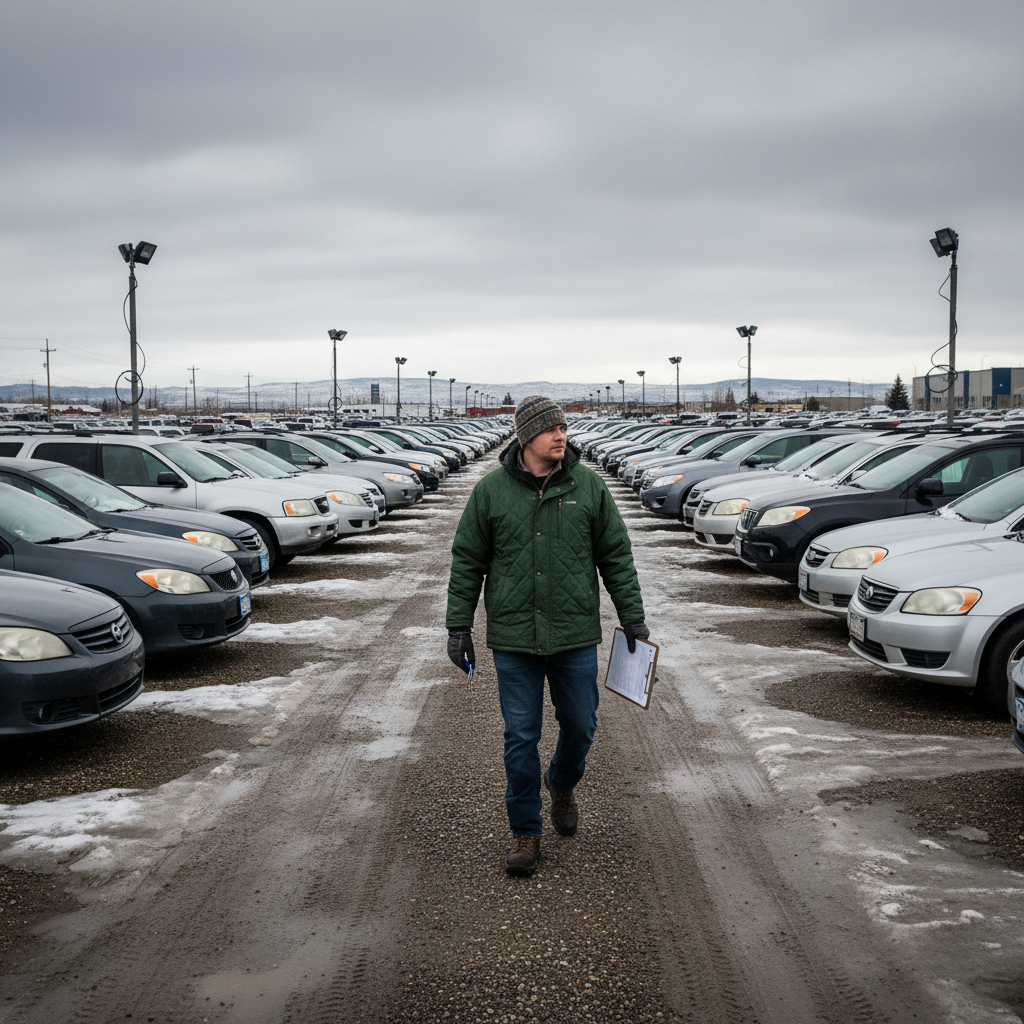 Rows of used vehicles parked at an outdoor public auto auction lot in Canada under an overcast sky