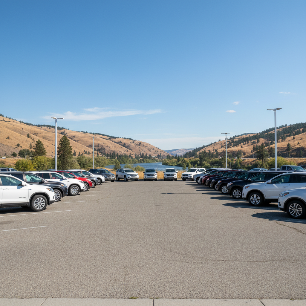 Rows of vehicles at a car dealership in Kamloops, BC with the Thompson River valley hills in the background