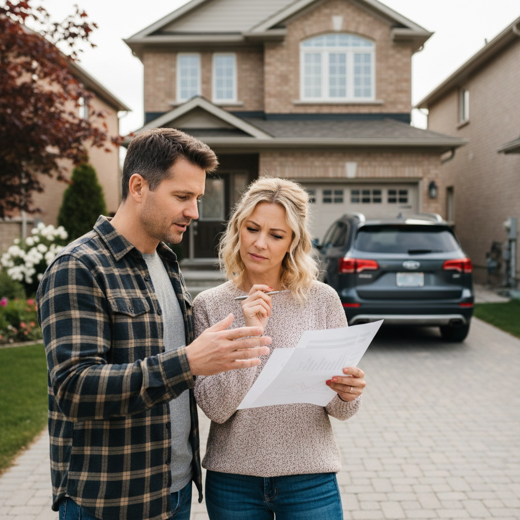 Homeowner couple reviewing paperwork about using home equity to finance a car purchase