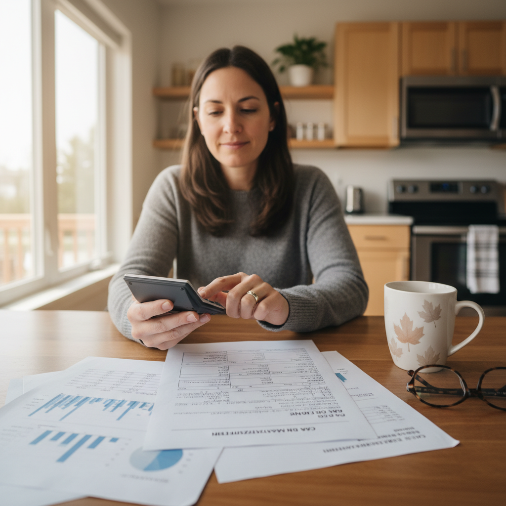 Person at a kitchen table reviewing a car loan amortization statement with a calculator and papers