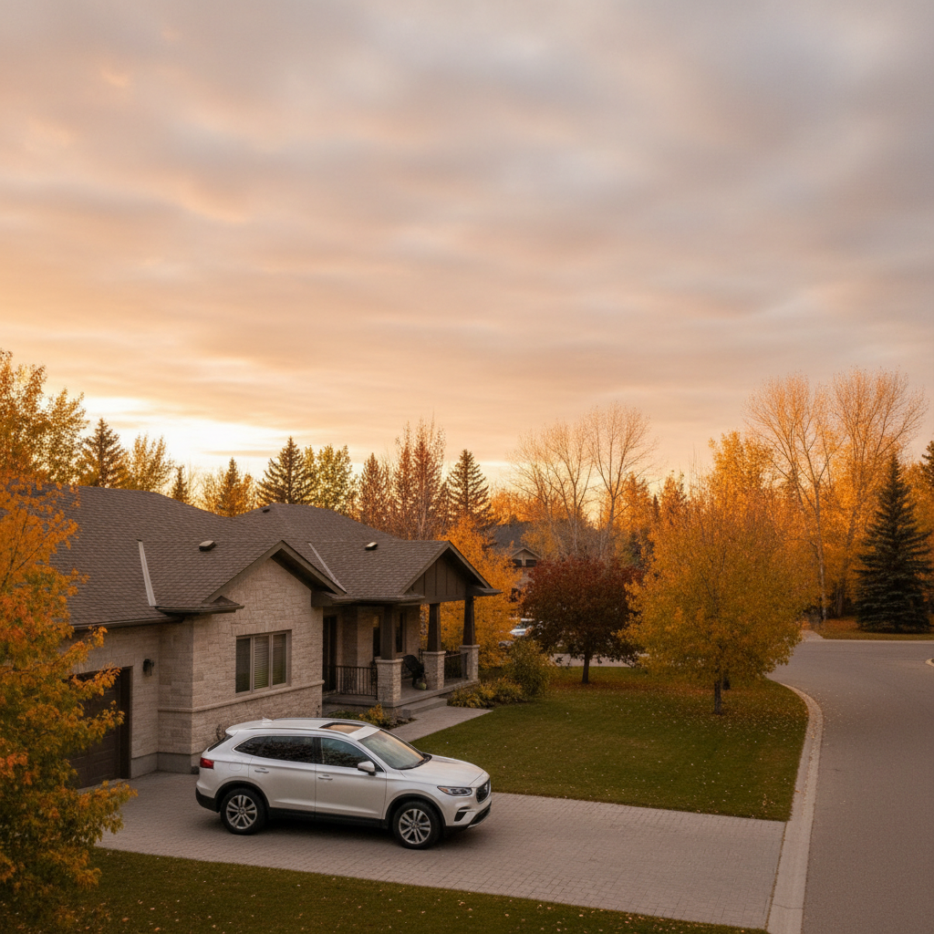 Crossover SUV in a Sherwood Park Alberta prairie suburban driveway at golden hour