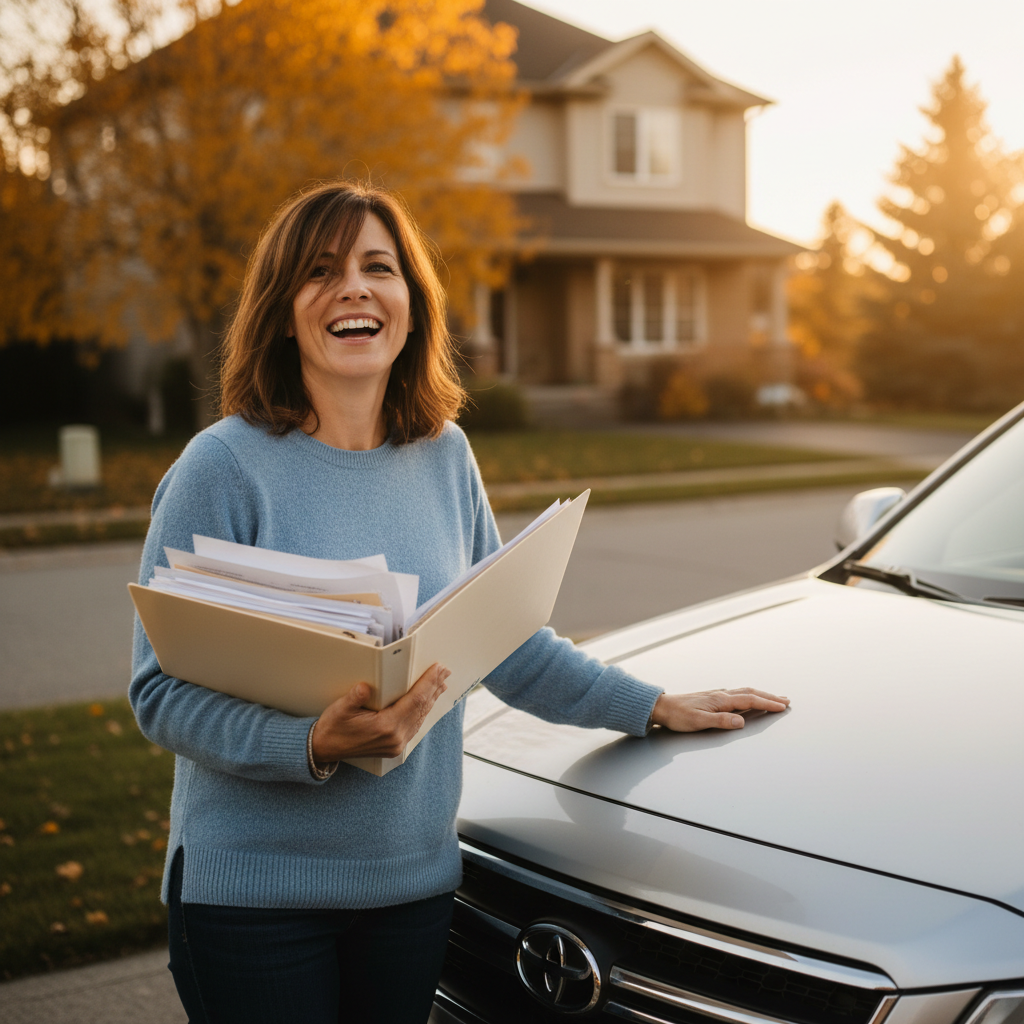 Relieved Canadian woman smiling next to her paid-off car in the driveway holding loan paperwork