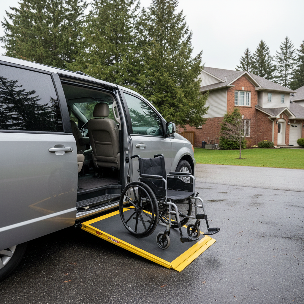 Wheelchair-accessible minivan with side ramp deployed in a Canadian driveway