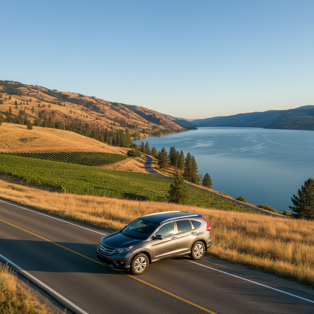 Used compact SUV parked on a lakeside road in the Okanagan Valley near Penticton, BC