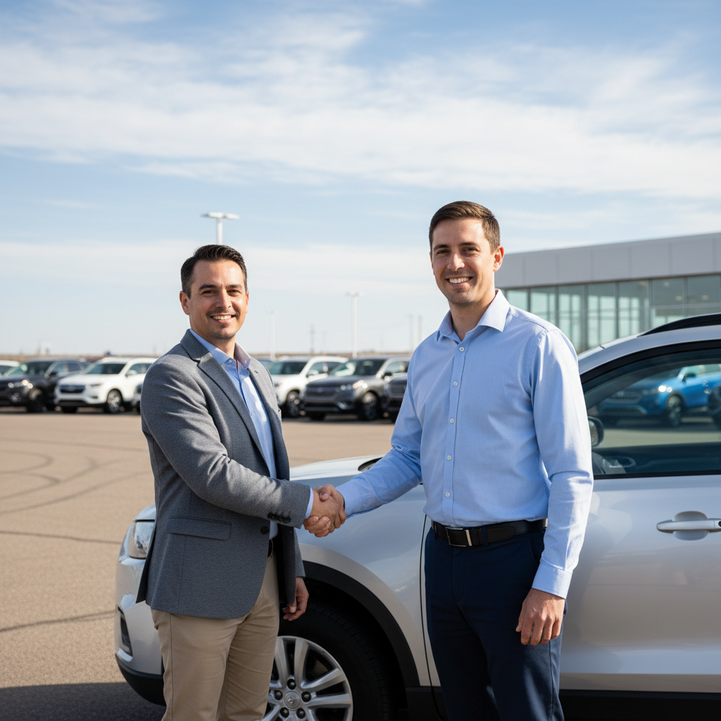 A buyer shaking hands with a car salesperson beside an SUV on a Saskatoon dealership lot