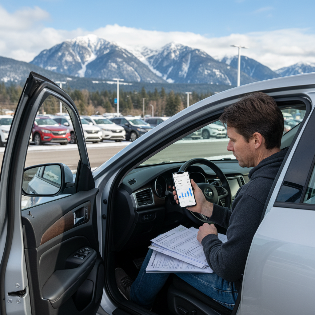 Person reviewing a car loan calculator on a smartphone beside a parked vehicle at a BC dealership lot with mountains in the background