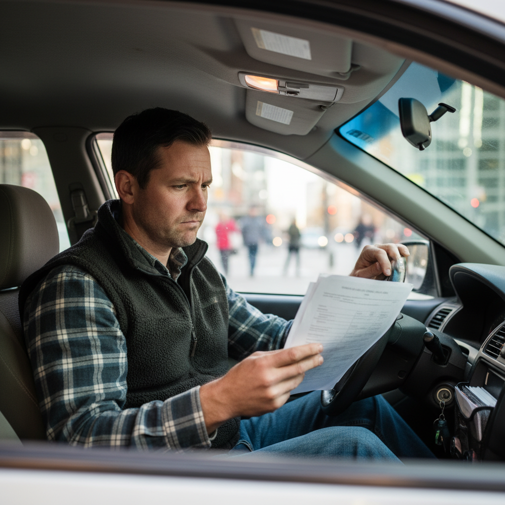 Driver reviewing car loan paperwork while parked in a Canadian city