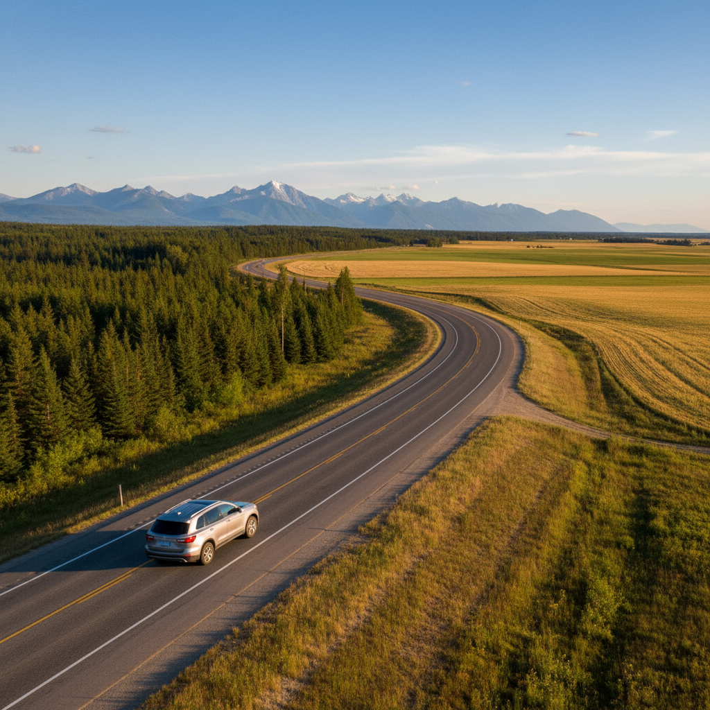 A car driving on an open Western Canadian highway with mountain and prairie scenery, representing a road trip spanning BC, Alberta, and Saskatchewan