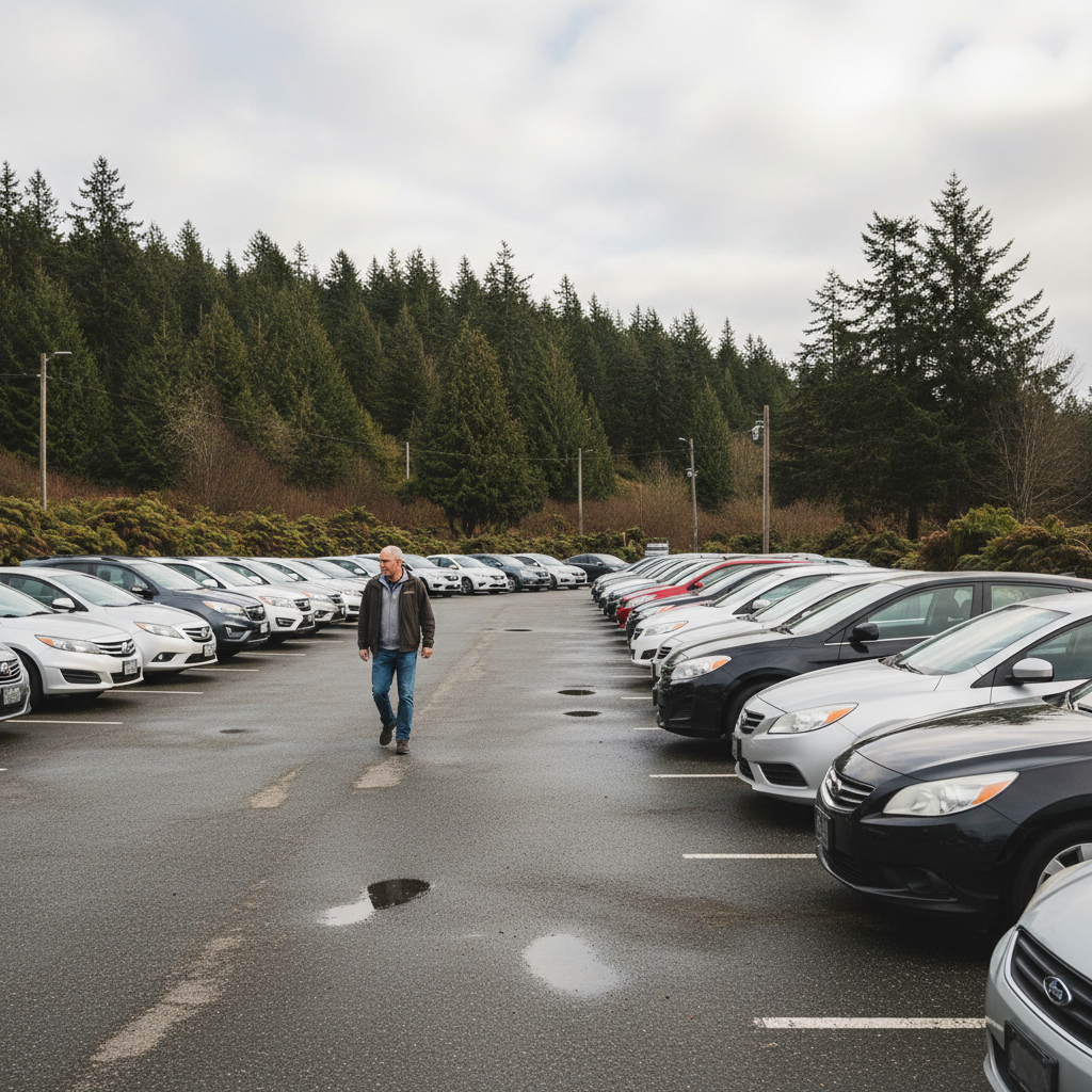 Car buyer walking through a dealership lot in Victoria, British Columbia