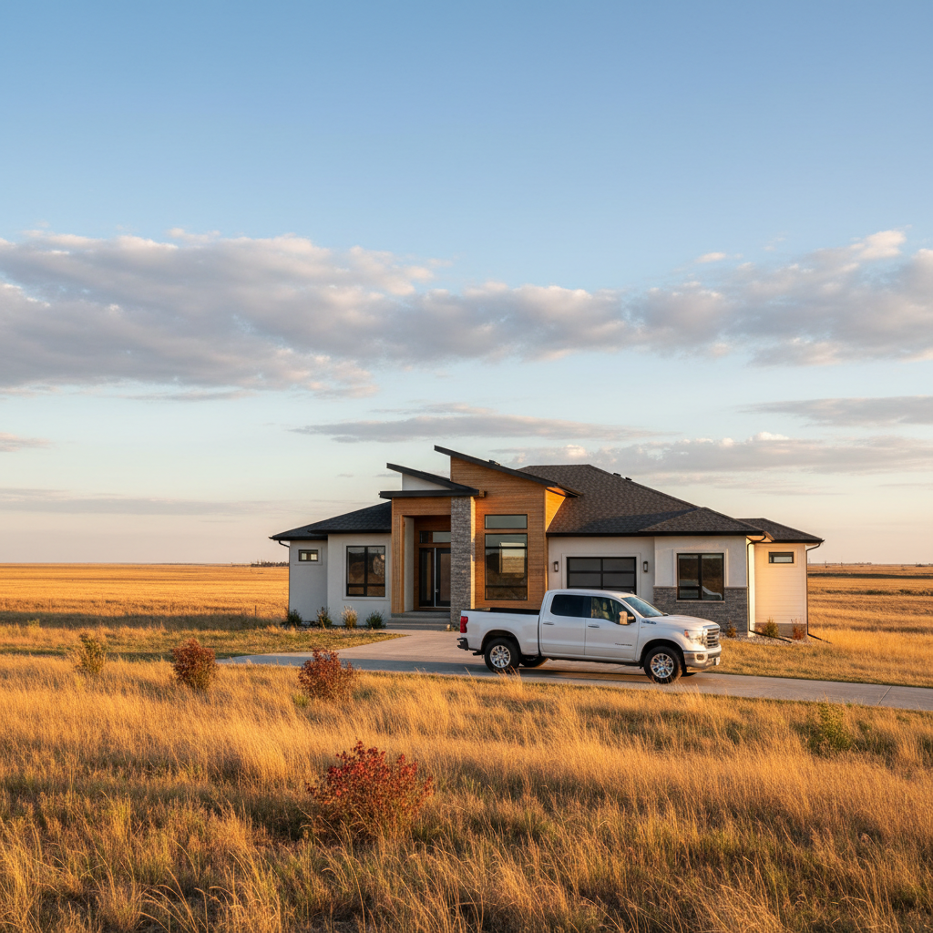 White crew-cab pickup truck in the driveway of a suburban home in Leduc, Alberta under a wide prairie sky