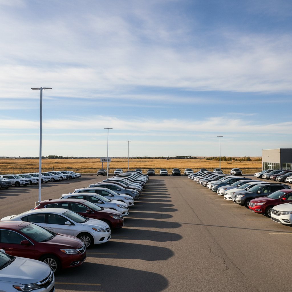 Rows of vehicles at a car dealership in Medicine Hat, Alberta under a wide open prairie sky