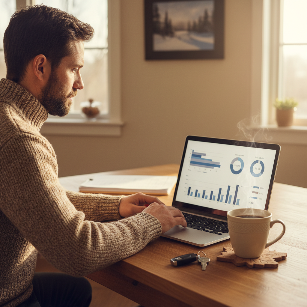 Canadian driver comparing car loan interest rate offers on a laptop at a kitchen table