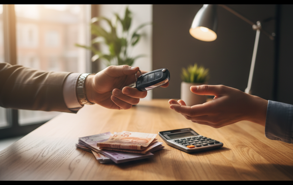 Hands exchanging car keys over cash and a calculator, representing paying off a car loan early in Canada