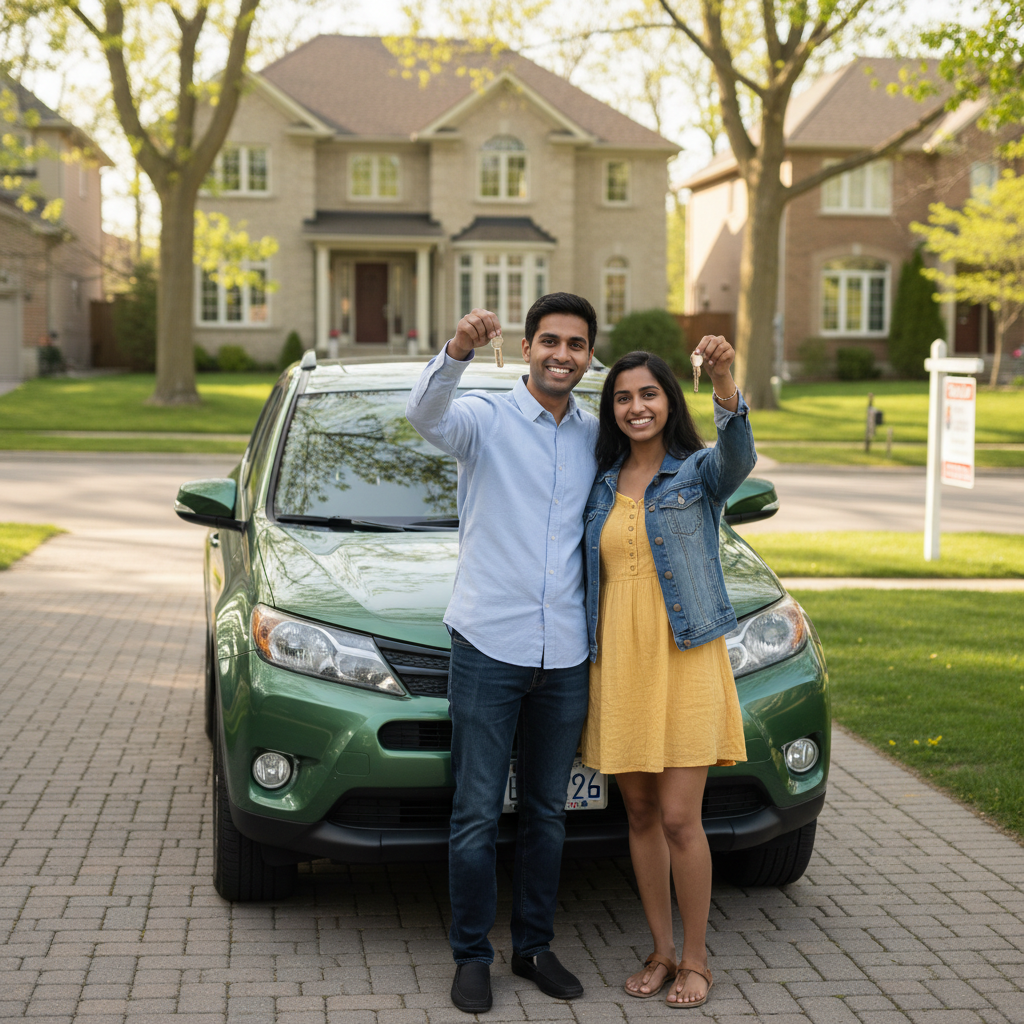 Permanent resident couple beside a used crossover SUV in a Canadian suburban driveway