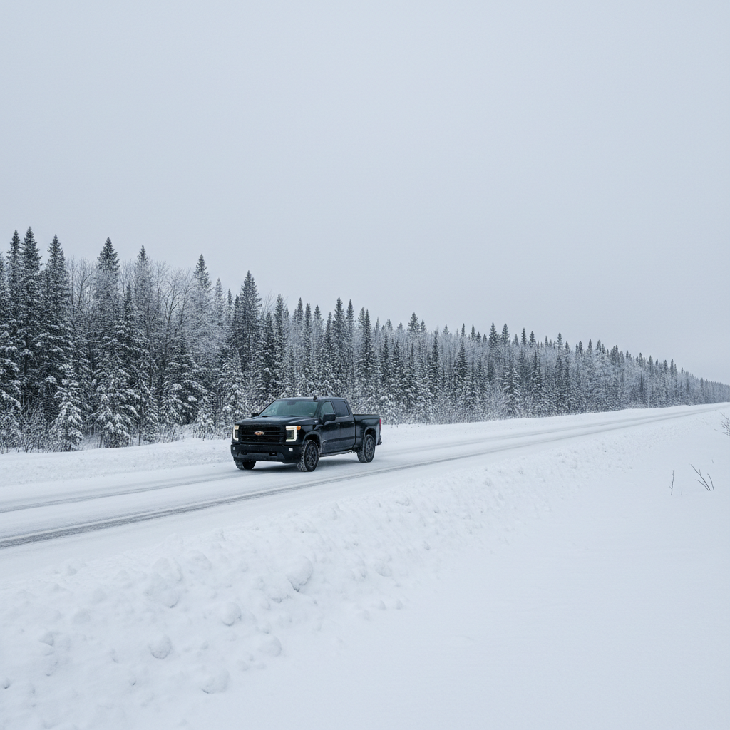 Pickup truck on a snowy Saskatchewan road near forested hills