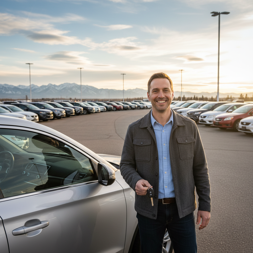 Smiling man standing beside a silver SUV on a car dealership lot in Alberta with foothills in the background