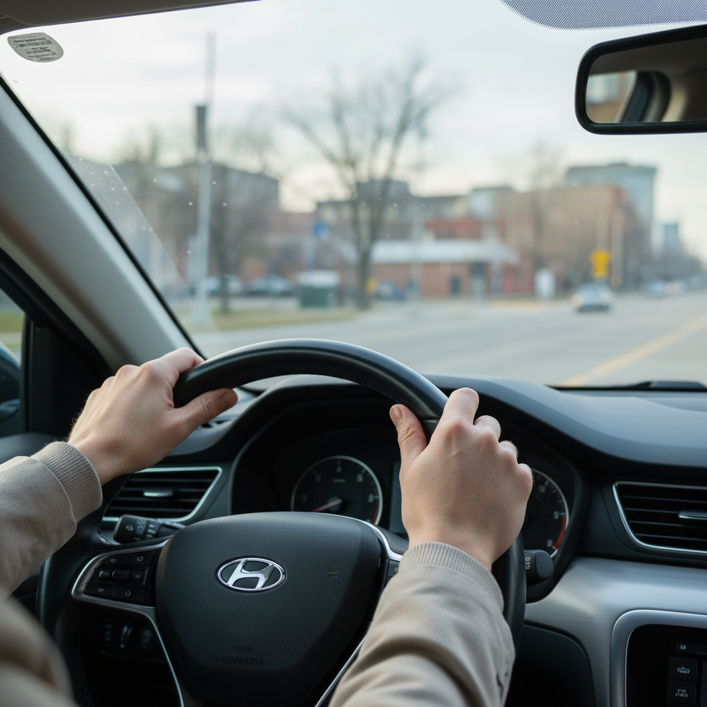 Driver hands on a steering wheel inside a modern car with soft daylight through the windshield
