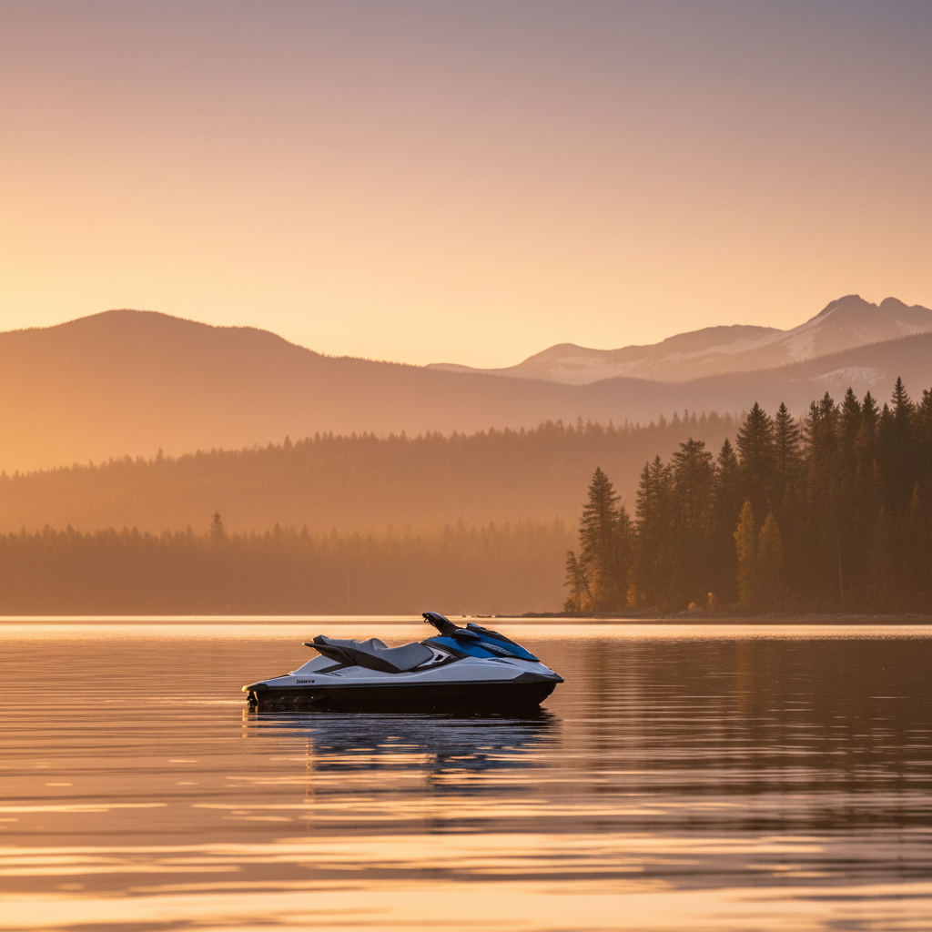 Personal watercraft jet ski on a calm Canadian lake at golden hour