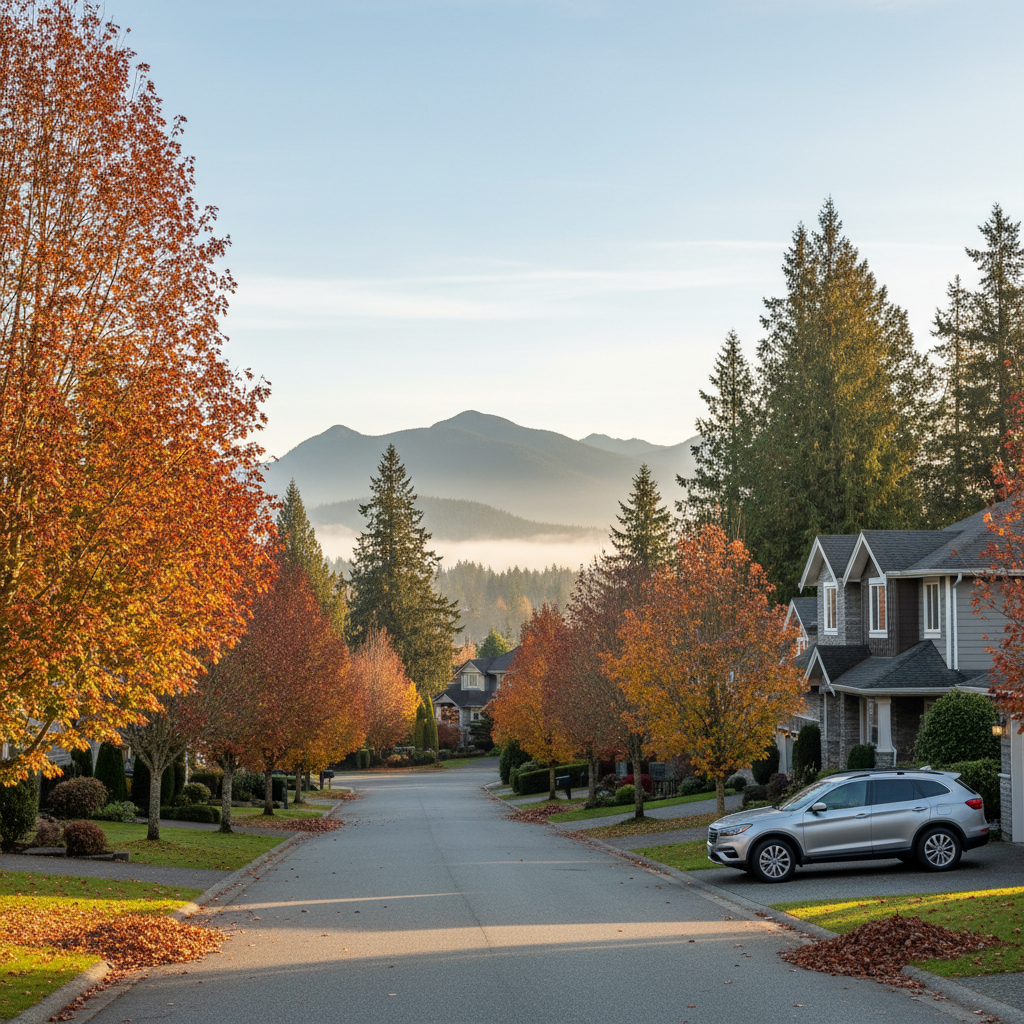 Silver crossover parked on a Maple Ridge BC residential driveway with mountain foothills in the background