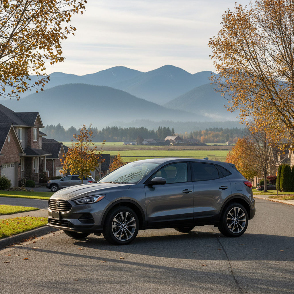 Dark grey compact SUV parked on a Chilliwack BC residential street with Fraser Valley farmland and mountains behind