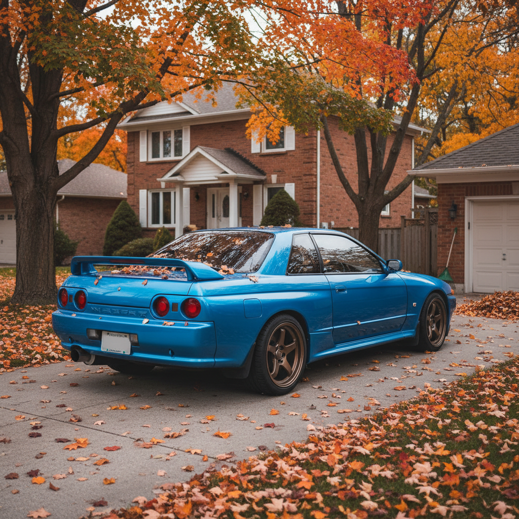 A right-hand-drive Japanese import vehicle parked in a driveway in a Canadian neighborhood