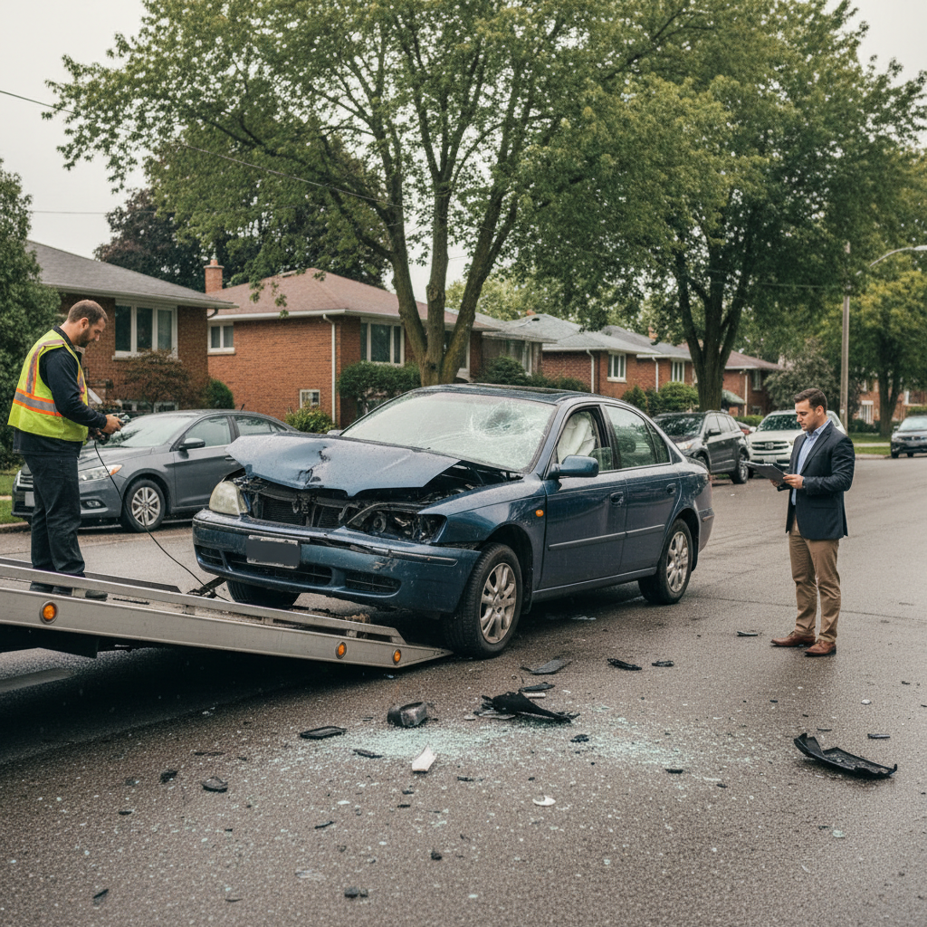 Damaged car being loaded onto a tow truck after a collision