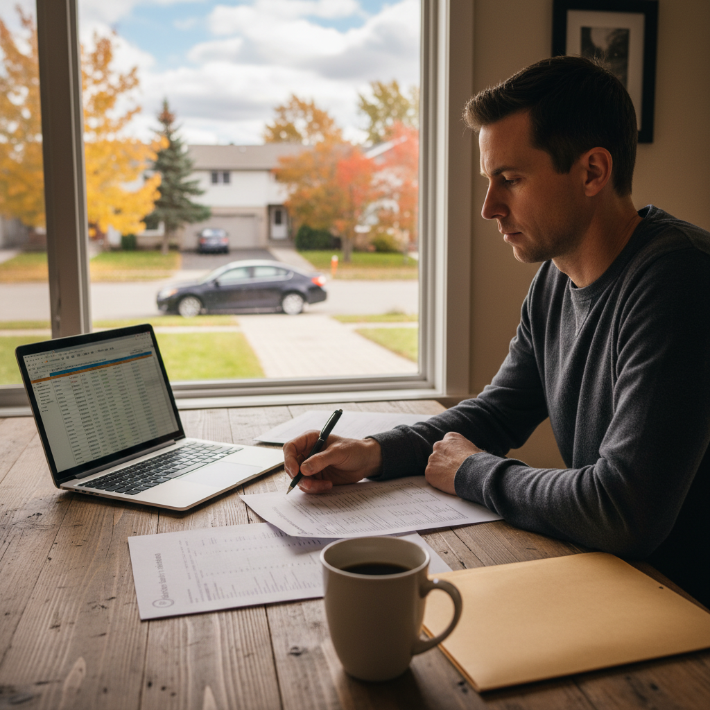 Person reviewing car financing paperwork and a laptop at a kitchen table, with a car visible through the window in the driveway