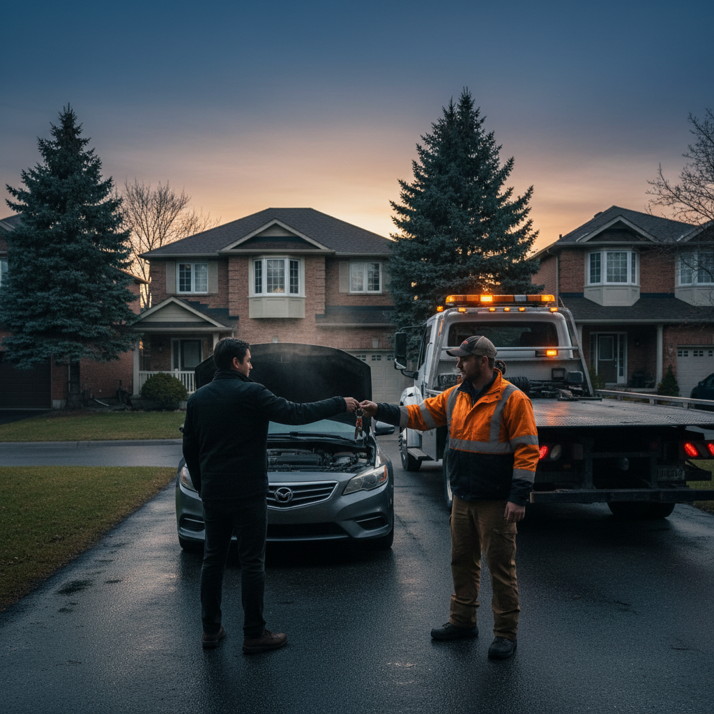 Person handing over car keys in a residential driveway at dusk, representing voluntary vehicle surrender in Canada