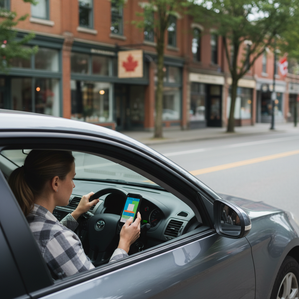 Rideshare driver checking a phone app mounted on the dashboard while parked on a Canadian city street