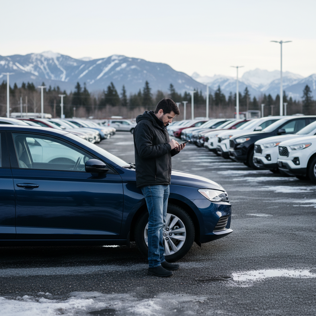 Person checking a phone next to a car at a dealership lot in Canada