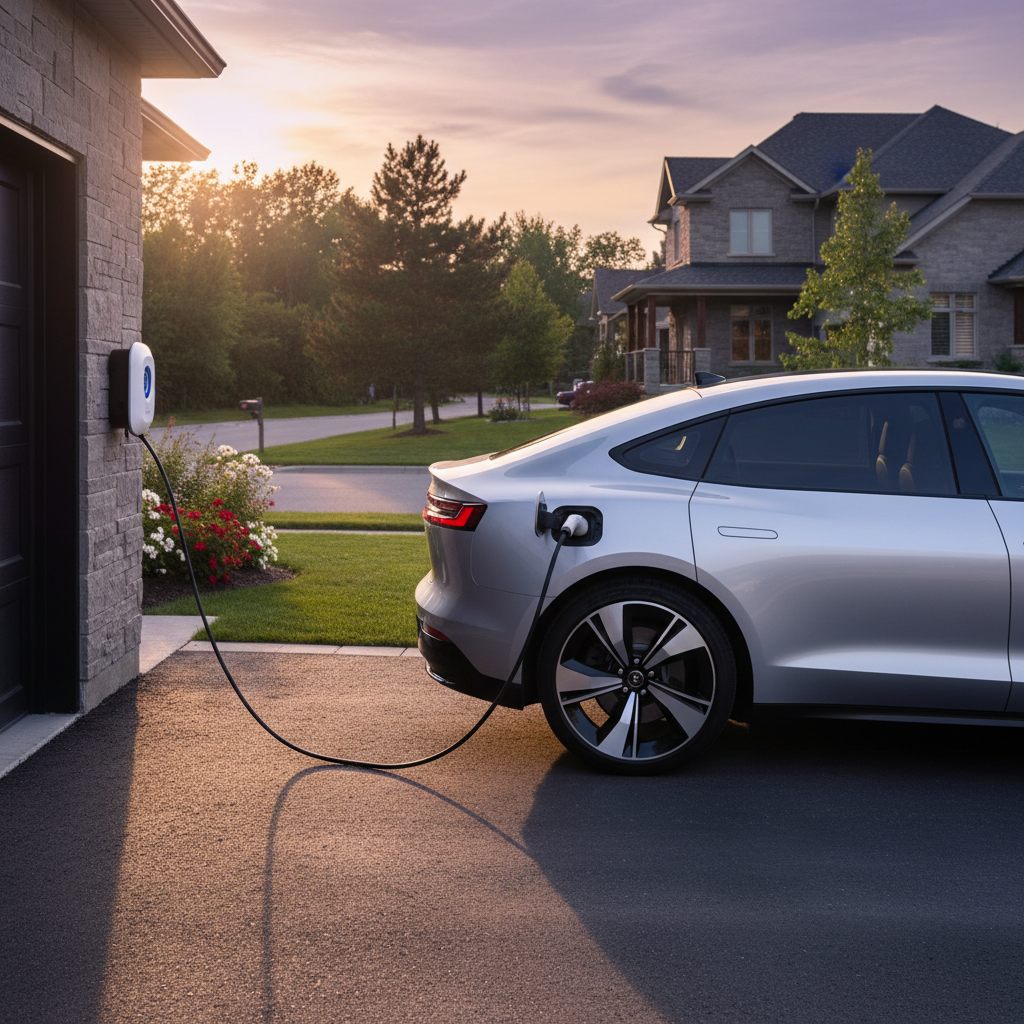 Electric vehicle plugged into a home charging station in a Canadian driveway