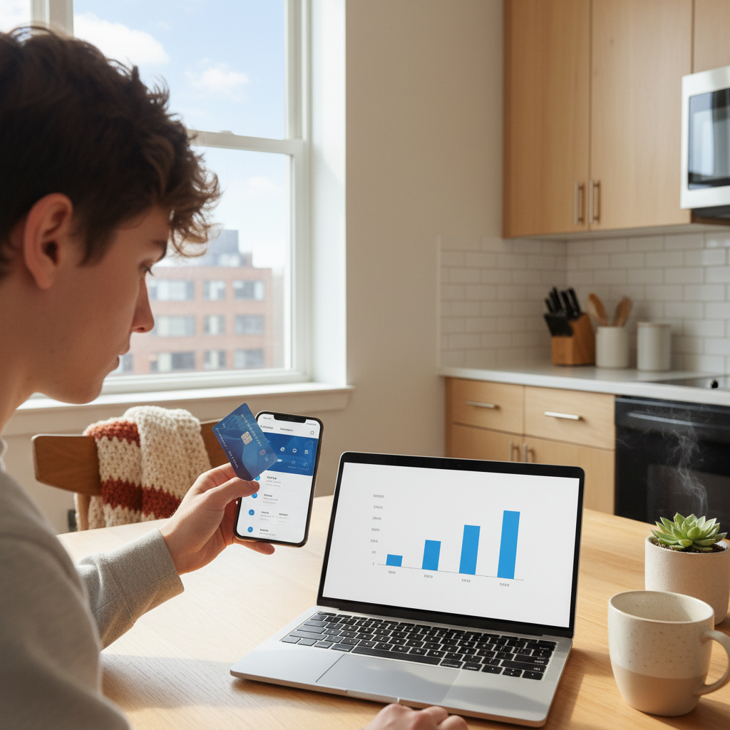 Person reviewing a credit card and banking app at a kitchen table while building credit history in Canada