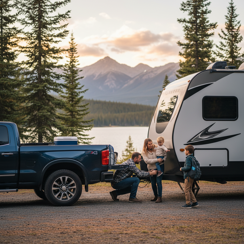 Family hitching a travel trailer to a pickup truck at a Canadian mountain lake campground