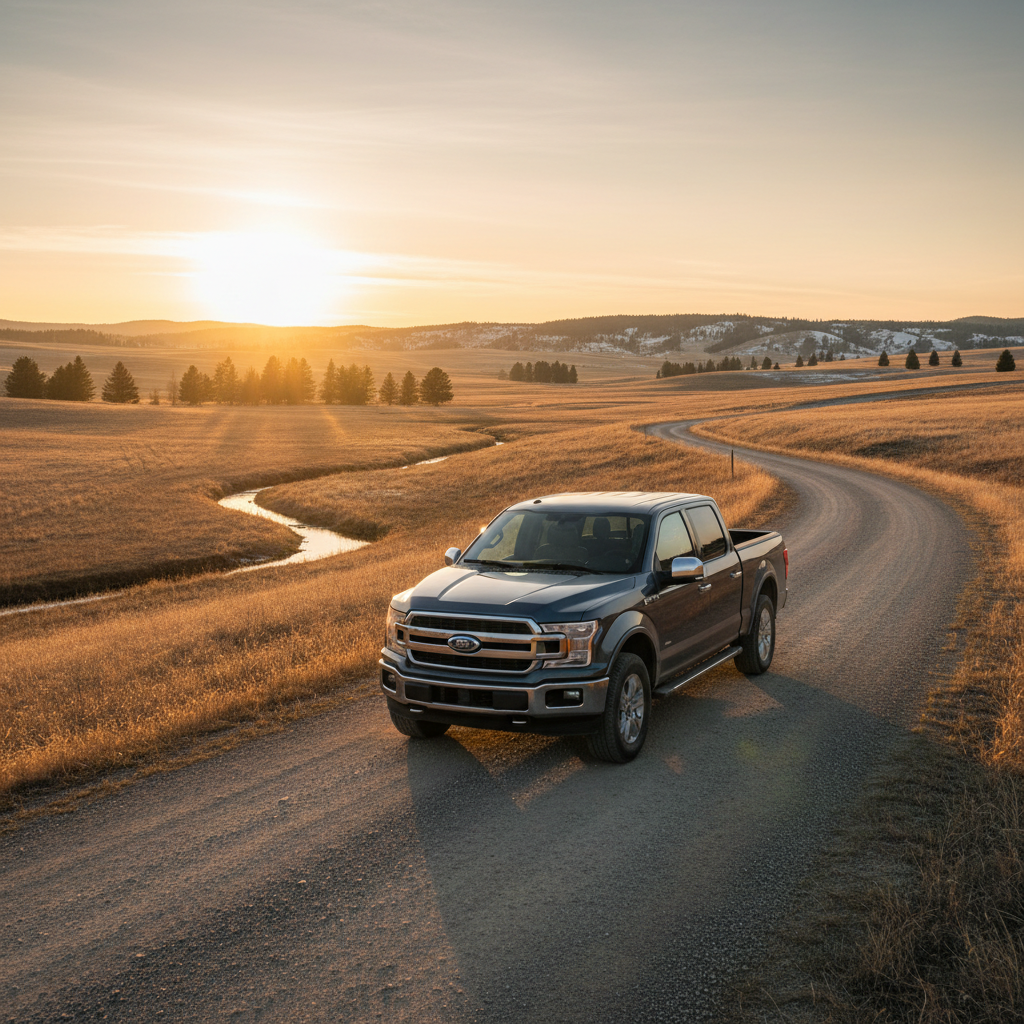 Pickup truck parked on a rural Canadian gravel road at golden hour