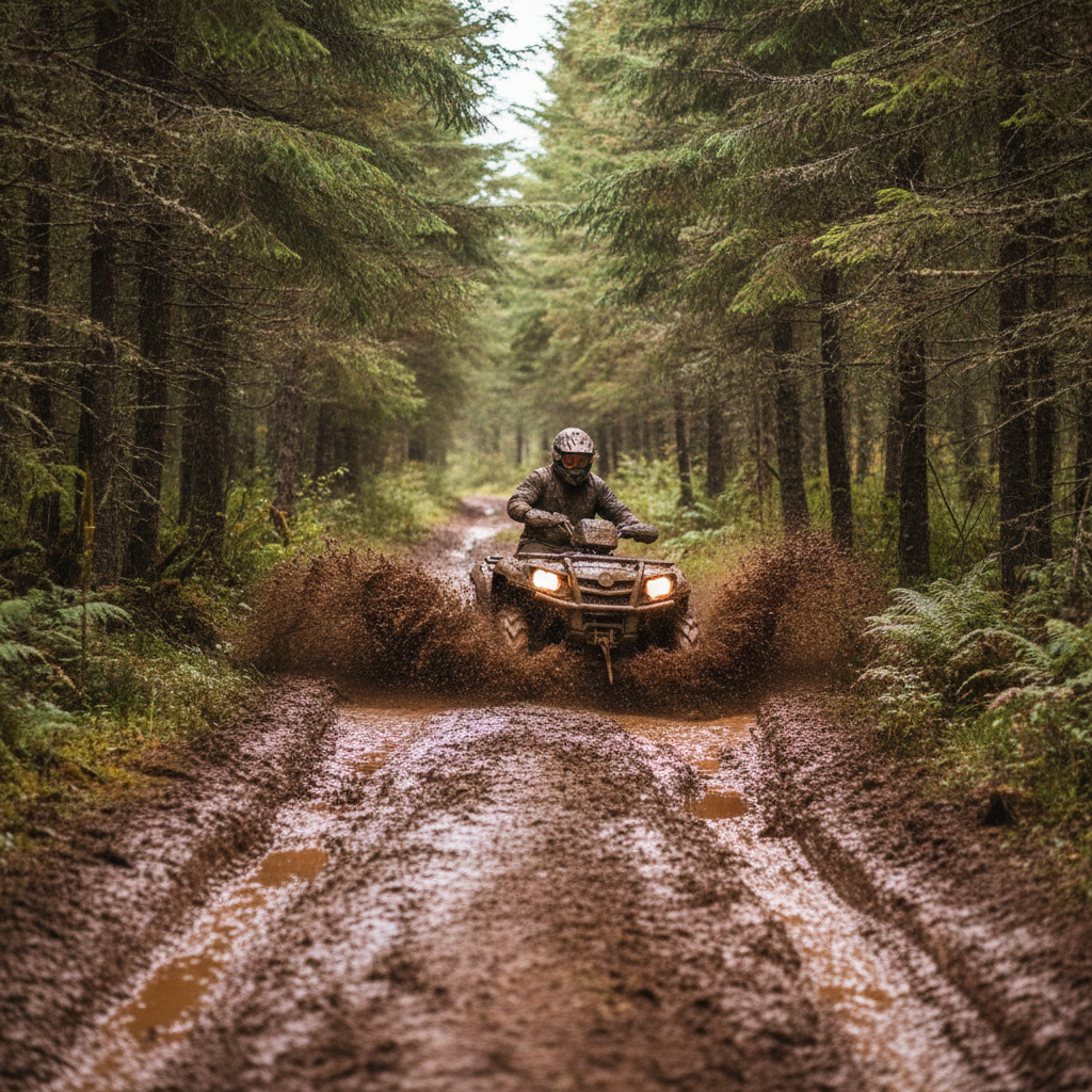 ATV riding a muddy forest trail through Canadian woods