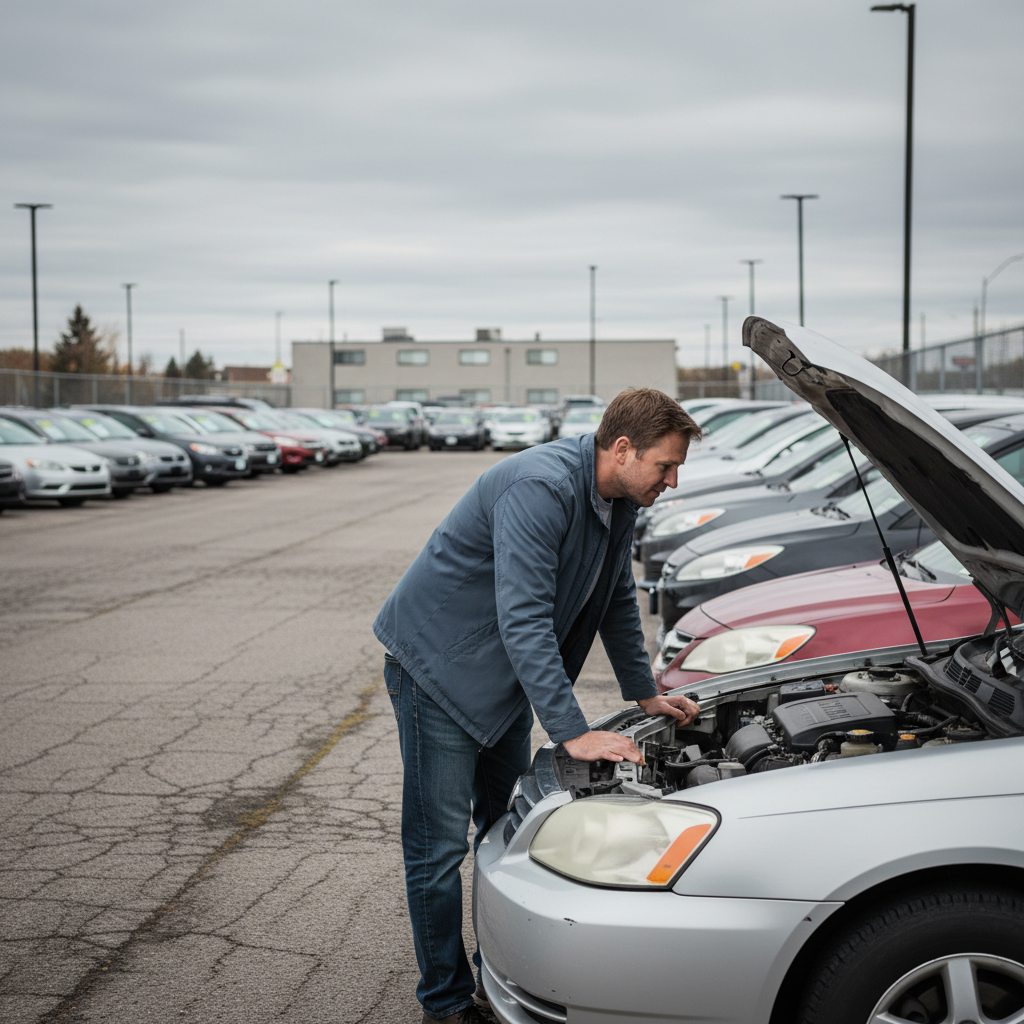 A man inspecting the engine of a used car on a dealership lot in Canada before financing