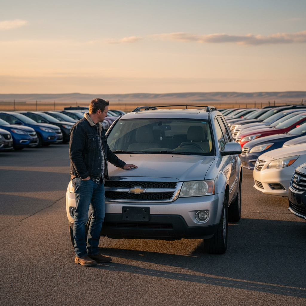 A person inspecting a used SUV on a Calgary dealership lot at golden hour, with the Alberta foothills visible in the background