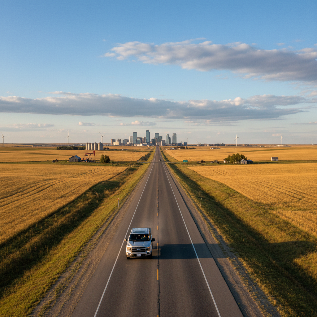 Pickup truck on a prairie highway under a wide Saskatchewan sky near the Lloydminster corridor